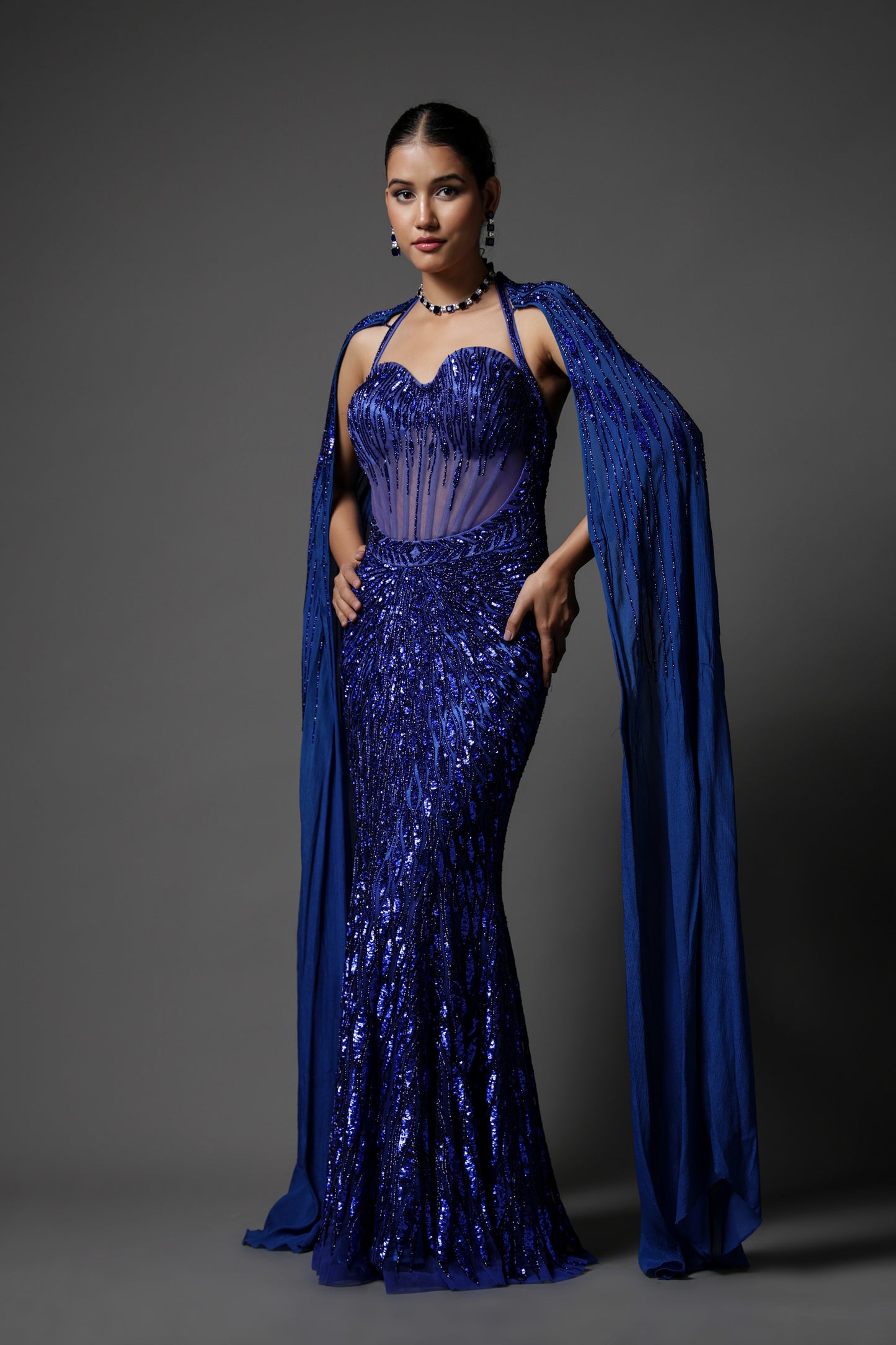 ELECTRIC BLUE FISH CUT GOWN SET