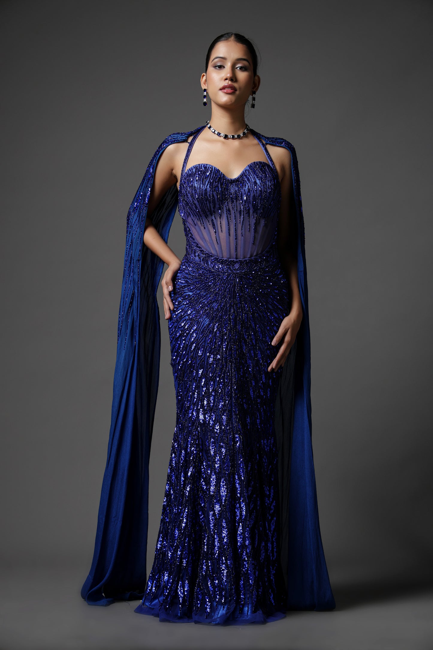 ELECTRIC BLUE FISH CUT GOWN SET