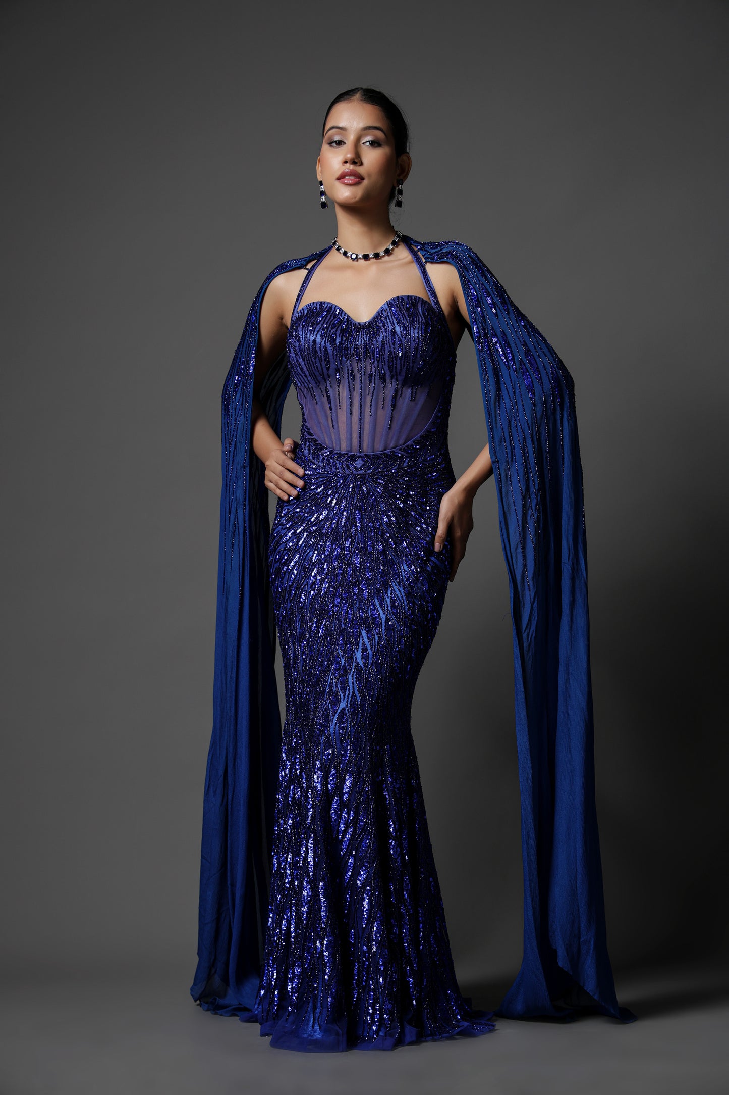ELECTRIC BLUE FISH CUT GOWN SET
