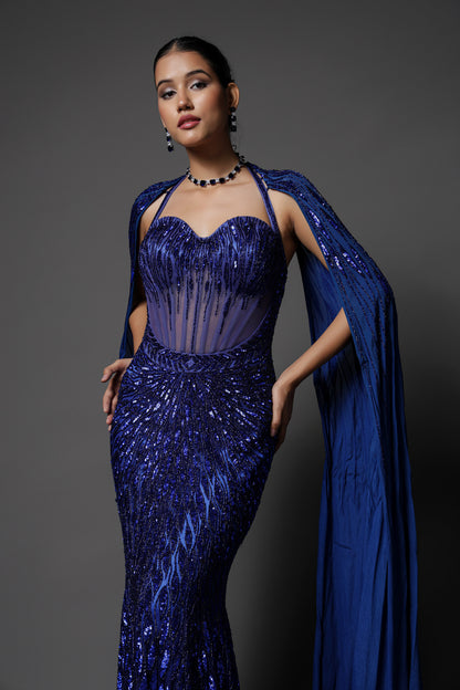 ELECTRIC BLUE FISH CUT GOWN SET