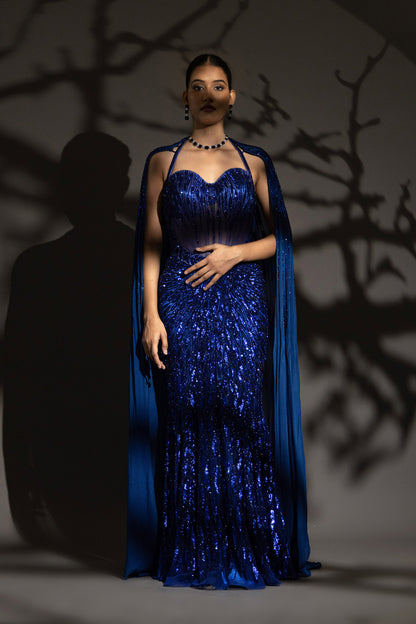 ELECTRIC BLUE FISH CUT GOWN SET