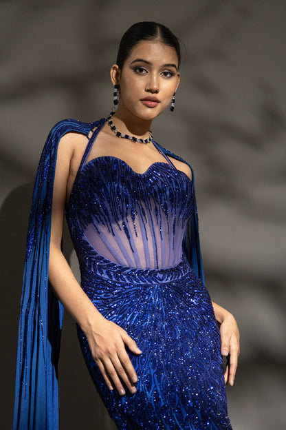 ELECTRIC BLUE FISH CUT GOWN SET