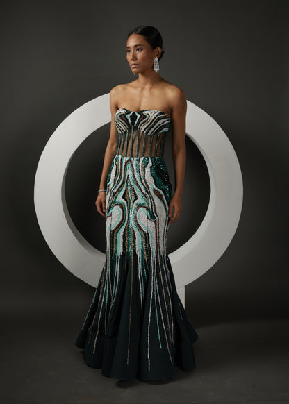 BOTTLE GREEN FISH CUT DRESS