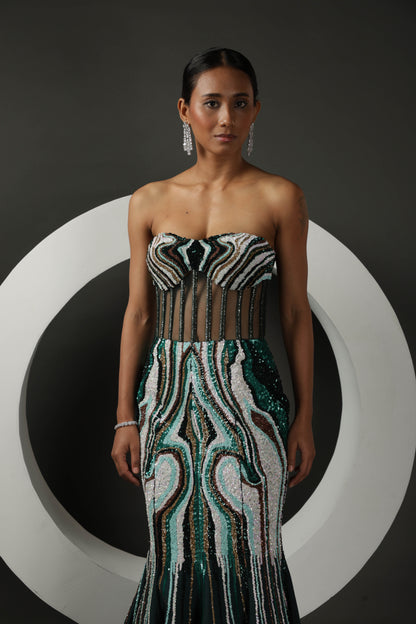 BOTTLE GREEN FISH CUT DRESS