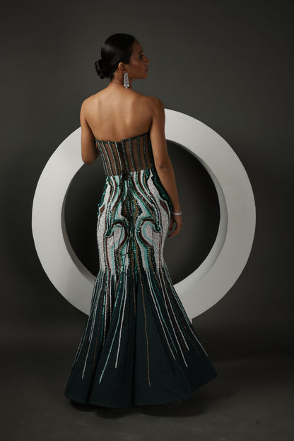 BOTTLE GREEN FISH CUT DRESS