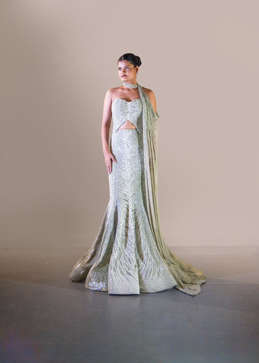 GREEN OMBRE FISH CUT SKIRT SET