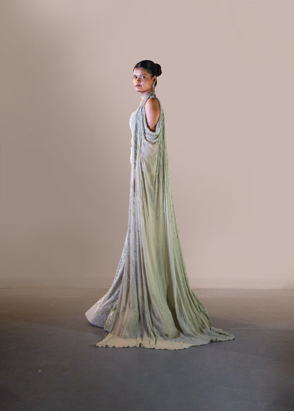 GREEN OMBRE FISH CUT SKIRT SET